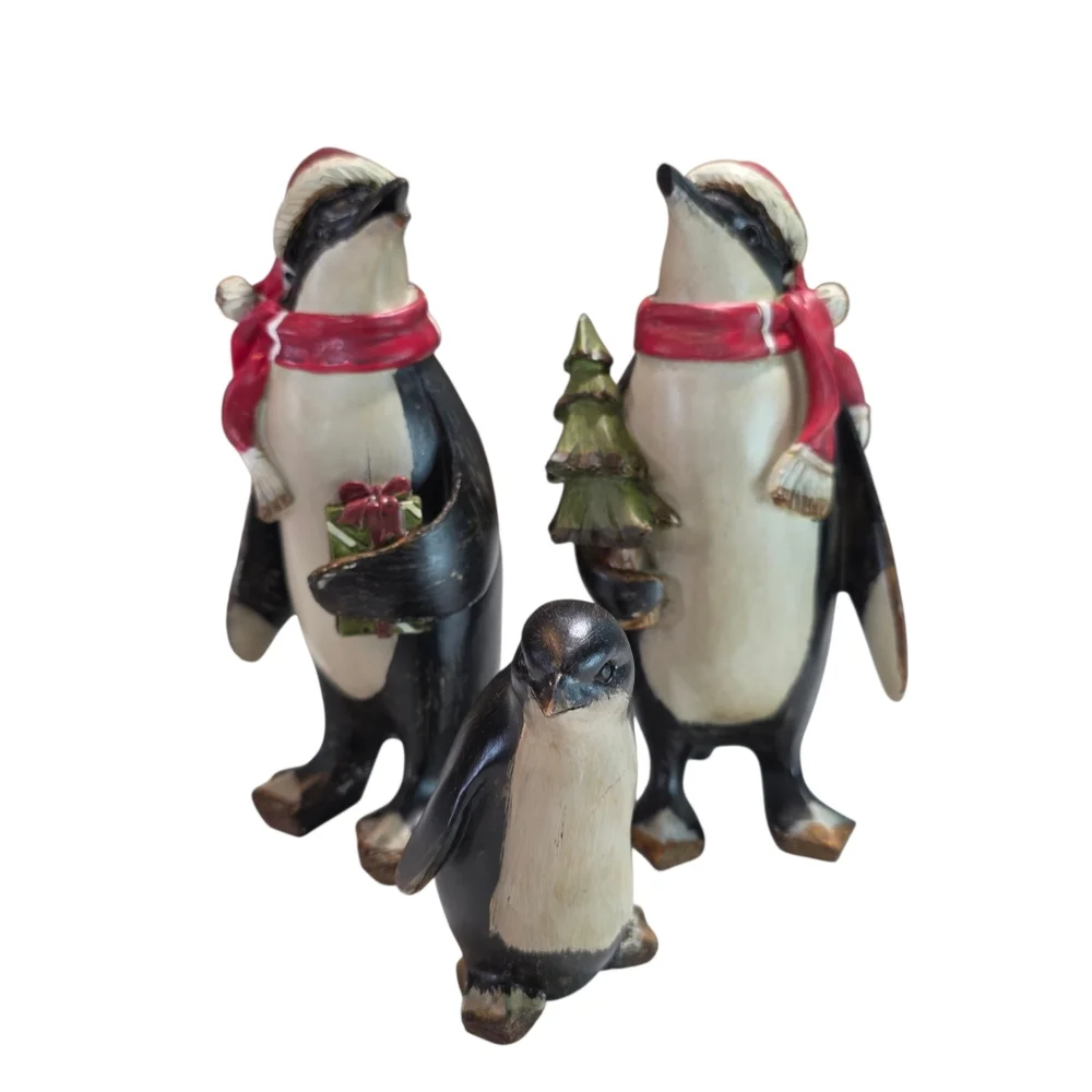 Festive Penguin Figurines with Red Scarves EUC Set Of 3